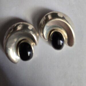 VTG Sterling Onyx Clip On Earrings
